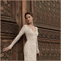 White Floral Sheer Stretch Lace Long Sleeve Transparent V Neck Long Night Gown  image 2