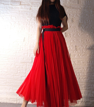 RED Pleated Long Tulle Skirt Outfit Women Red High Waisted Pleated Tulle Skirt  image 3