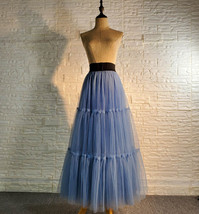 Women Dusty Blue Full Tulle Skirt Wedding Tiered Tulle Skirt Outfit High Waisted