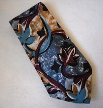 Andrew Rosetti Floral Neck Tie Blue Plum Tan 100% Silk Handmade Abstract... - $24.00