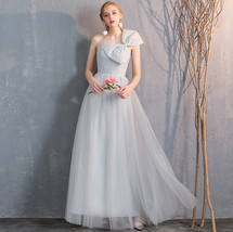Floor Length Maxi Bridesmaid Dresses Tulle Wedding Dress Light Gray Off Shoulder