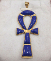 Egyptian Handmade Blue Ankh Cross Key of Life 18K Yellow Gold Pendant 5.5 Gr - $661.79