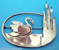 Sterling Hand Wrought Brooch with Swan and Pearls (#J2979) - $222.75
