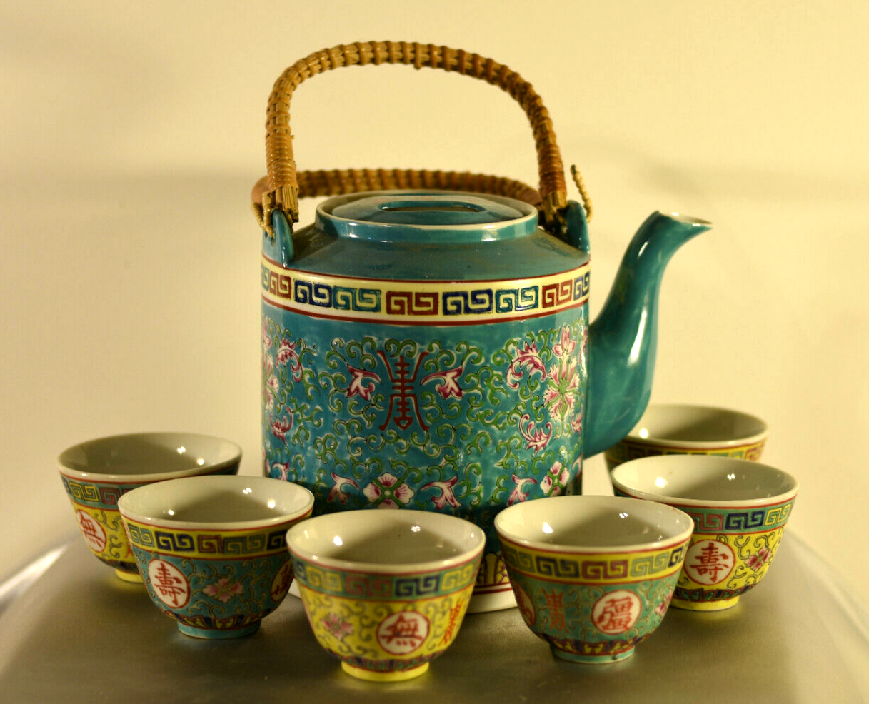 Chinese Mun Shou Famille Rose Mini Tea Set Set of 6