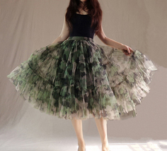 Women Knee Length Puffy Tulle Skirt Army Pattern Layered Tulle Skirt A-line Plus image 5