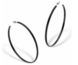Black Enaml Open Hoop Earrings In Silvertone 2.75" - $66.49