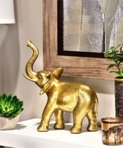 Golden Elephant Statue with Trunk Up 12" High Antiqued Polyresin Africa Wild image 2