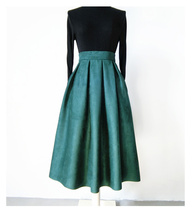 Green Suede Midi Skirt Outfit Womens Autumn Winter Midi Pleated Skirt image 2