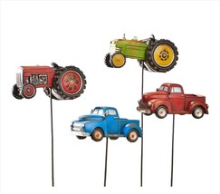 Retro Farm Vehicle Planters Set of 4 Topper Garden Stakes Tractor Retro Truck image 1