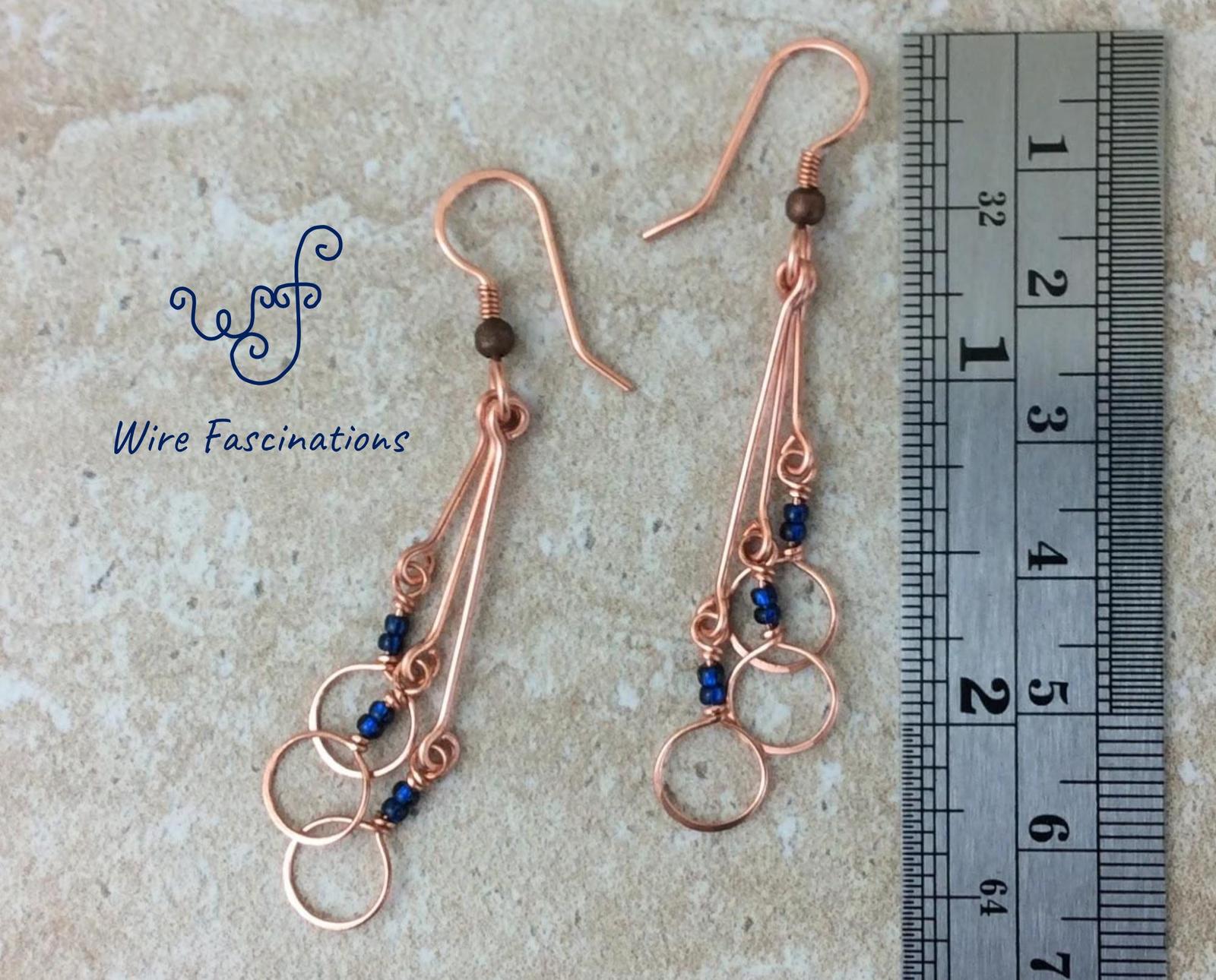 Handmade Copper Earrings Long Circle Dangles With Dark Crystal Blue