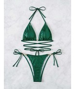 Woman Sexy Green Criss Cross Bandage Swimsuit Thong Bikini - $25.00