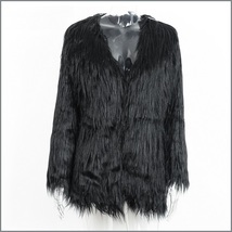 Long Shaggy Hair Black Angora Sheep Faux Fur Medium Length Coat Jacket image 4