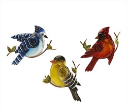 Bird Design Wall Decor Set of 3 Glass & Iron Blue Jay, Cardinal, Yellow Bird 