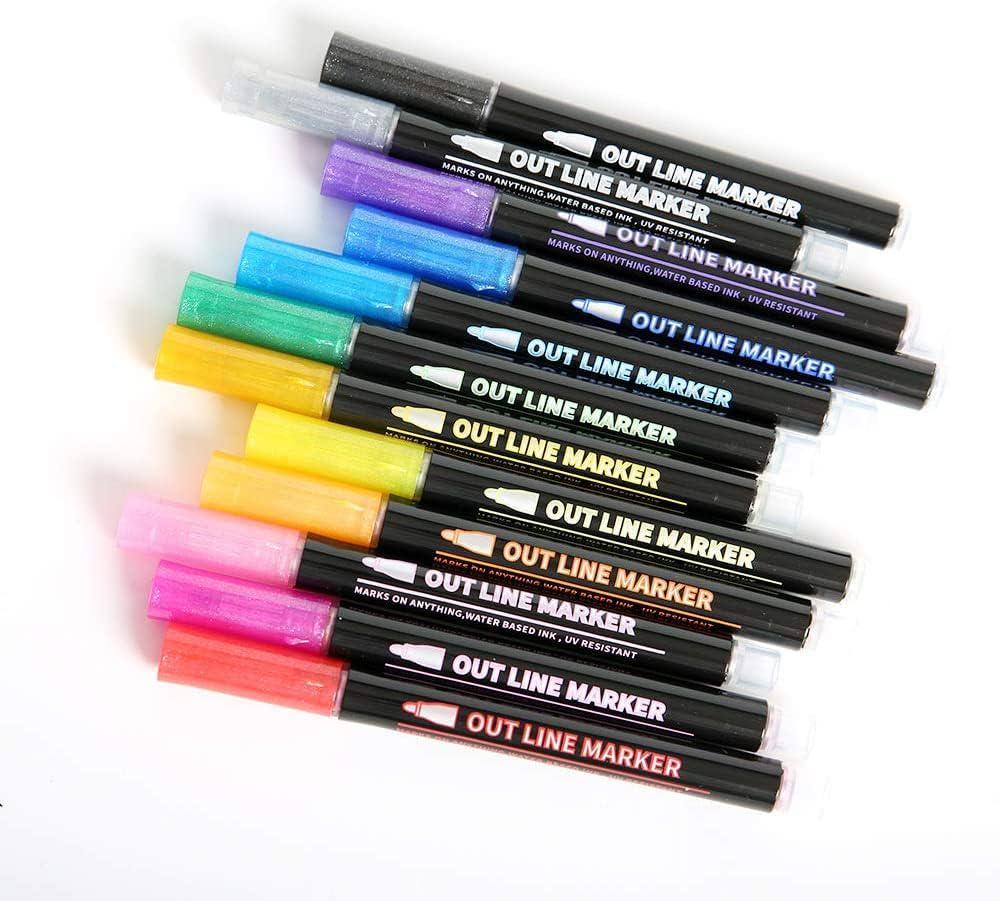 ULMTOP Outline Markers, Double Line Glitter Shimmer Markers Set of 12  Colors Self-outline Metallic Markers Pens for Card Making, Lettering, DIY  Art