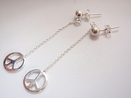 Peace Symbol on Chain Ball Stud Earrings 925 Sterling Silver Corona Sun Jewelry - $8.09