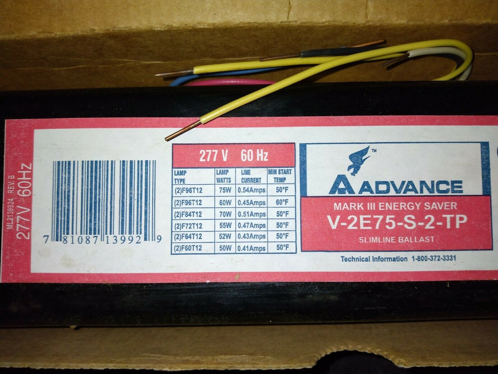 Philips Advance V2E75S2TP 277 Volts Slimline Florescent Ballast Lighting Ballasts & Starters