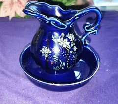 Vintage JAPANESE KUTANI Cobalt Blue Pitcher & Wash Basin Flower Pattern Vase  - $25.00