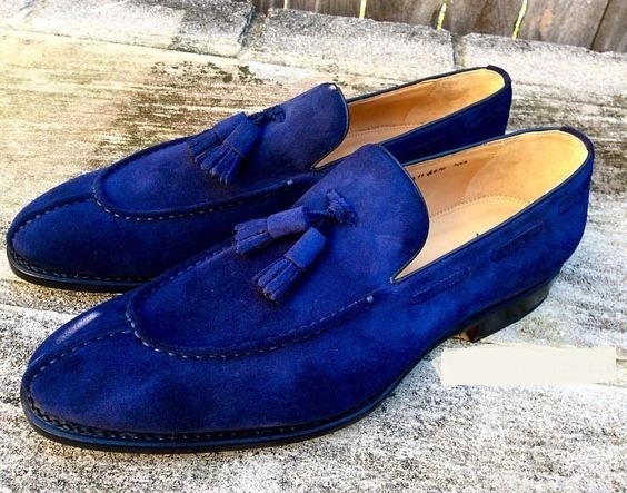 Handmade Men Royal Blue Color Tassel Loafer Slip On Apron Toe Formal ...