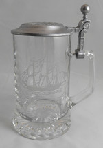 Vintage ALWE W. Germany Etched Glass Stein Grand Trunk Ship w Pewter Lid... - $12.99