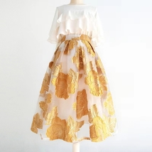 Summer GOLD Floral Midi Party Skirt Outfit Organza Plus Size Midi Skirt Pockets image 1