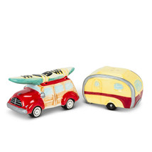 Woody Car and Camper Salt Pepper Shaker Set Camping RV Travel Ceramic Gift 2" H