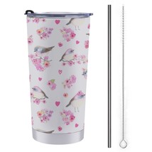 Mondxflaur Pink Floral Bird Steel Thermal Mug Thermos with Straw for Coffee - $20.98