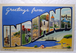Greetings From Indiana Large Letter Postcard Linen Curt Teich Boat Steel... - $8.55