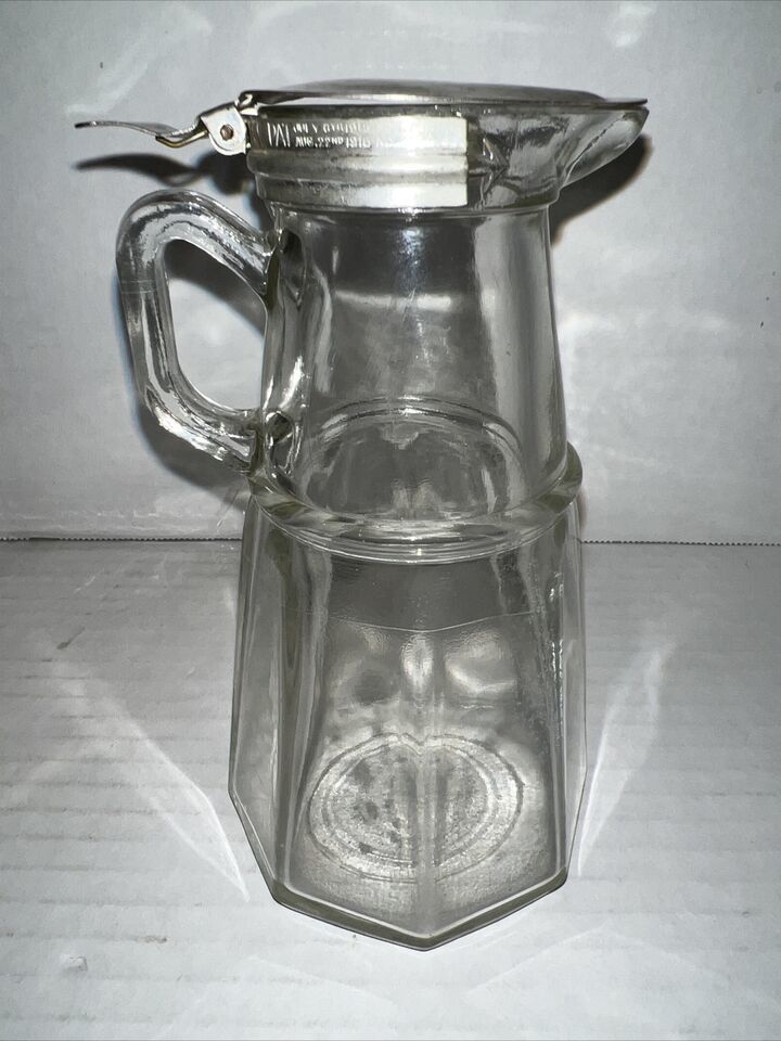 Antique EAPG Syrup Pitcher Dispenser Glass Hinged Metal Pewter