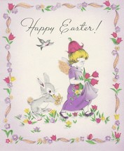 Vintage Easter Card Girl Bunny Rabbit Tulips 1945 Gibson Glitter - $8.90