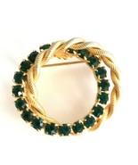 VTG Double Circle Brooch Green Rhinestone &amp; Gold Tone Twisted Rope Inter... - $14.99