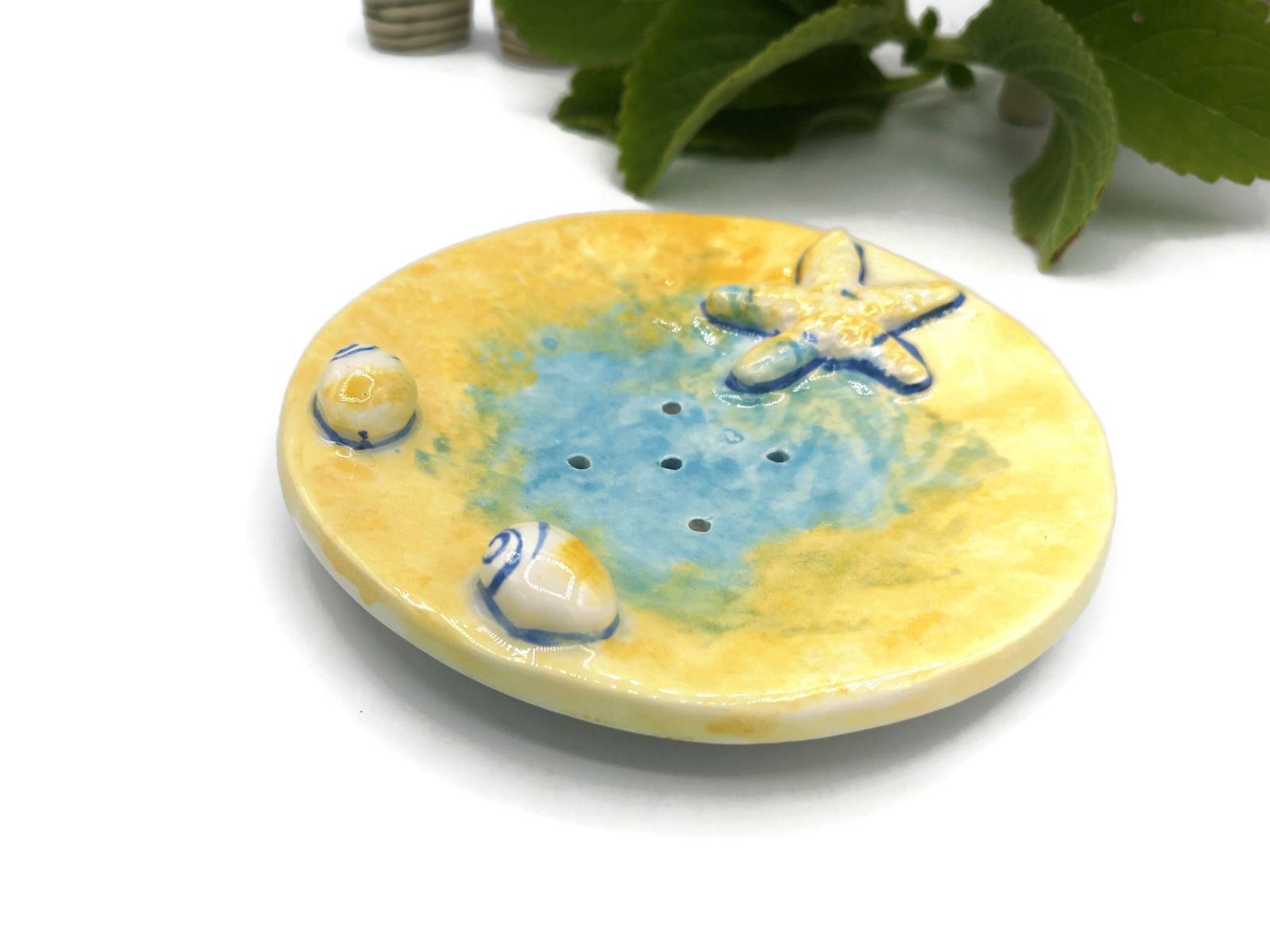 Starfish Ceramic Self Draining Soap Dish, Starfish Soap Dish/Sponge Holder