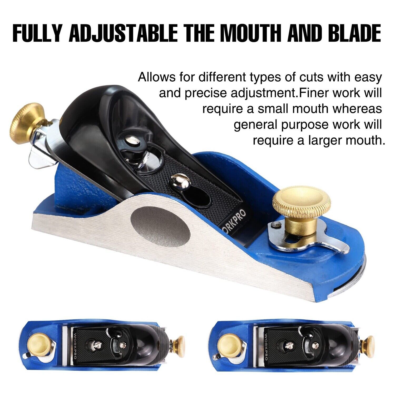 WORKPRO Hand Planer 65/16" Low Angle Block Plane T10A Blade Adjustable