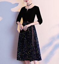 Black Half Sleeve Velvet Midi Dress Womens High Waist Formal Dress Plus Size image 3