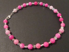 Beaded necklace, pink and silver, silver lobster clasp, about 16 inches - $19.00