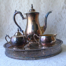 Vintage Oneida Baronet Silverplate Coffee or Teapot Sugar & Creamer Set & Tray - $47.00