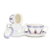 Tea for One Teapot 5 pc Set 12 oz Lavender Sprigs Bone China Glass Mother's Day  image 2