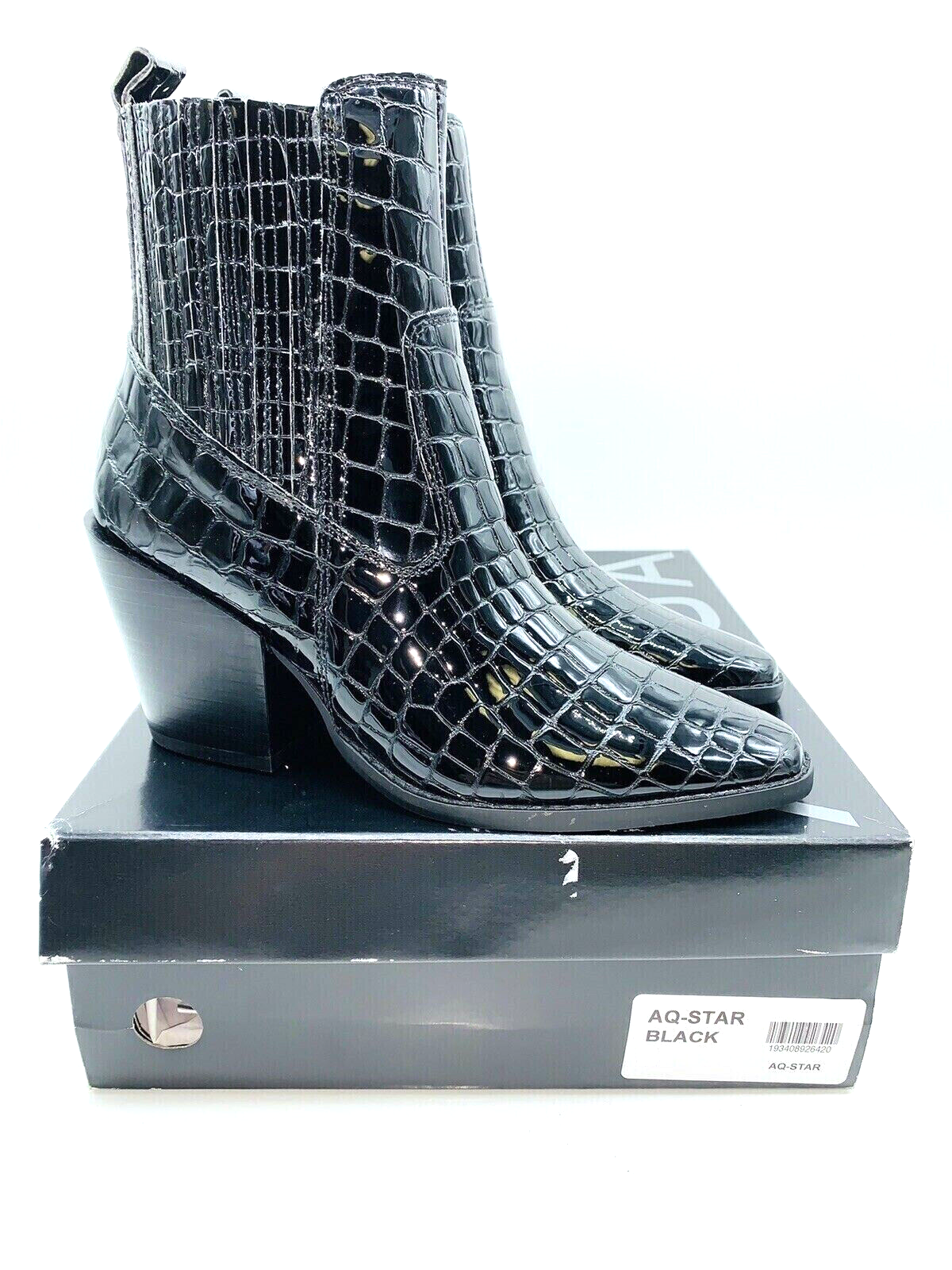 aqua women's star croc embossed western boots- black leather, us 7