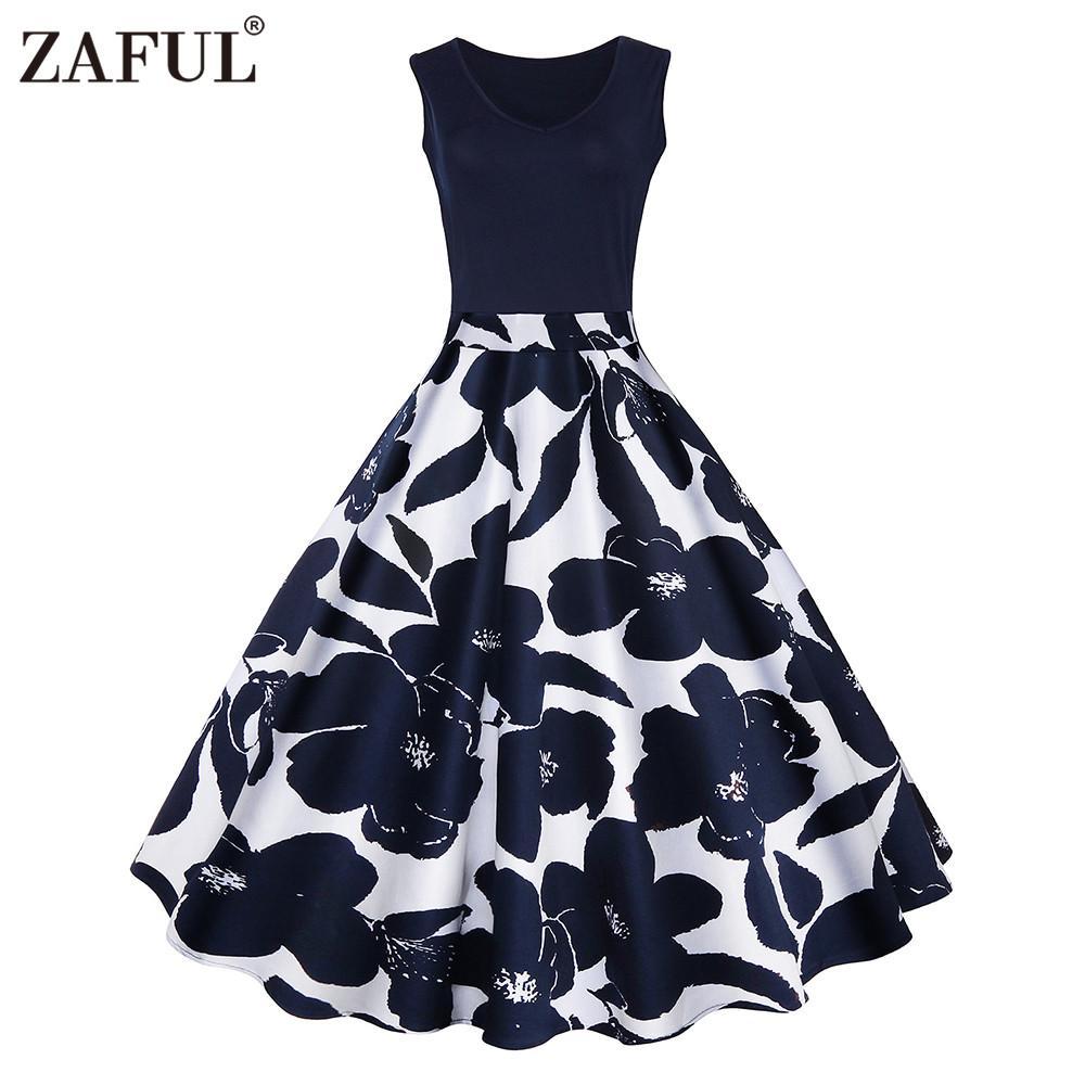 zaful 4 color s-5xl floral print high waist vintage dress