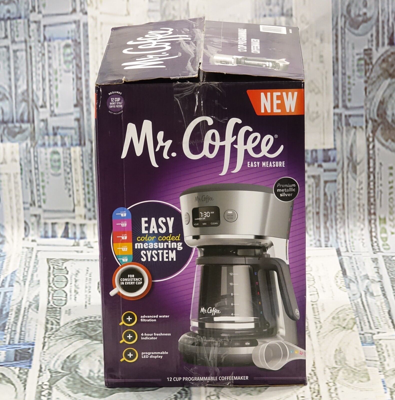 Mr. Coffee Easy Measure 12 Cup Programmable Maker with Gold Tone Reusable  Filter, Silver/Chrome