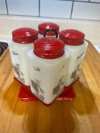 Vintage McKEE DUTCH Milk Glass SPICE JARS Bottles Red Metal shaker lids W/  Rack