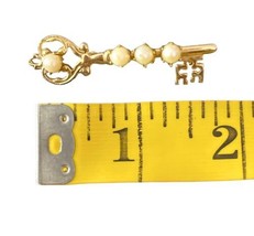Vintage Gold Tone Heart Lock and Key Bar Pin with Faux Pearls Pin Brooch image 1