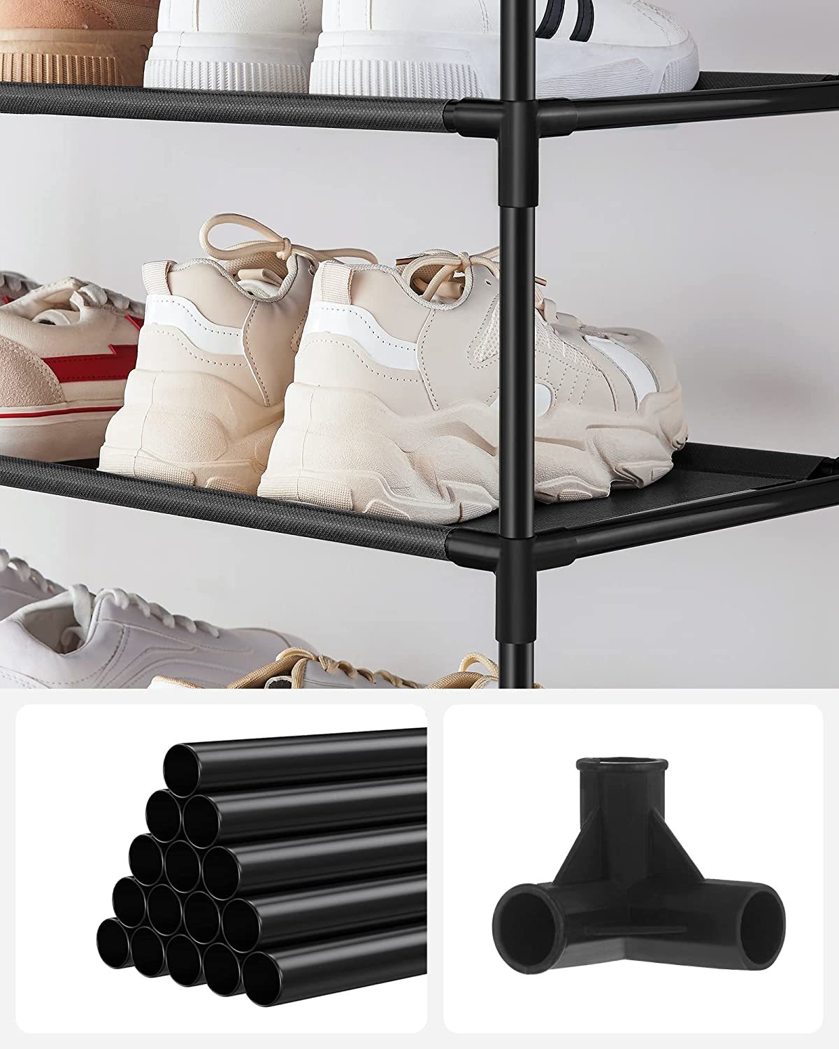 Shoe Rack, 10 Tier Shoe Shelf, Shoe Storage Organizer, Space-Saving,Metal  Frame, Non-Woven Fabric Shelves, for Entryway, Bedroom, Black