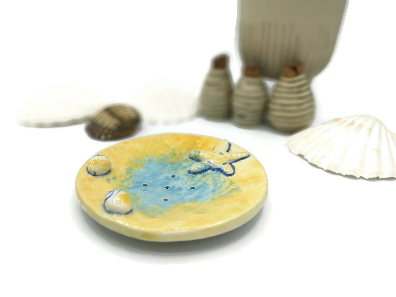 Starfish Ceramic Self Draining Soap Dish, Starfish Soap Dish/Sponge Holder