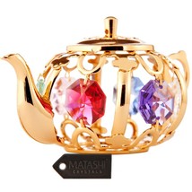 24K Gold Plated Polished Teapot Ornament Made with Genuine Matashi Crystals - $23.99
