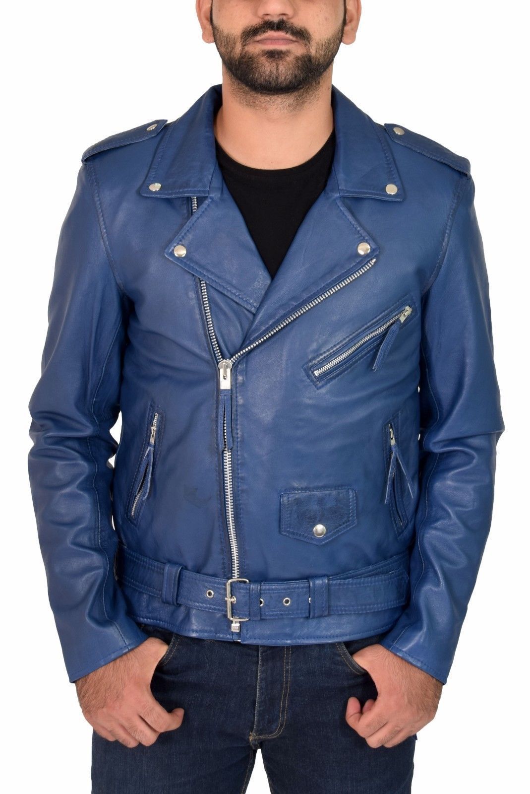 Men's Genuine Blue Lambskin Leather Jacket, Men Slim Fit Biker