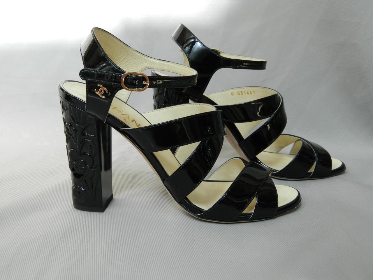 Chanel Black Patent Strappy Sandals Camellia Chunky Heel Black 40 CC Logo - 10