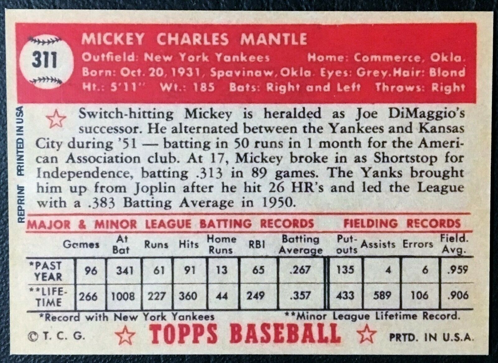 1952 Topps #311 Mickey Mantle Rookie Reprint - MINI - MINT - Sports ...