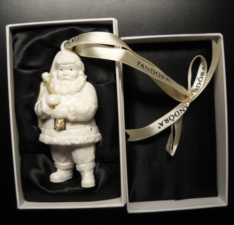 Pandora Christmas Ornament 2013 Porcelain Santa with Fabric Trinket Bag Boxed - $19.99