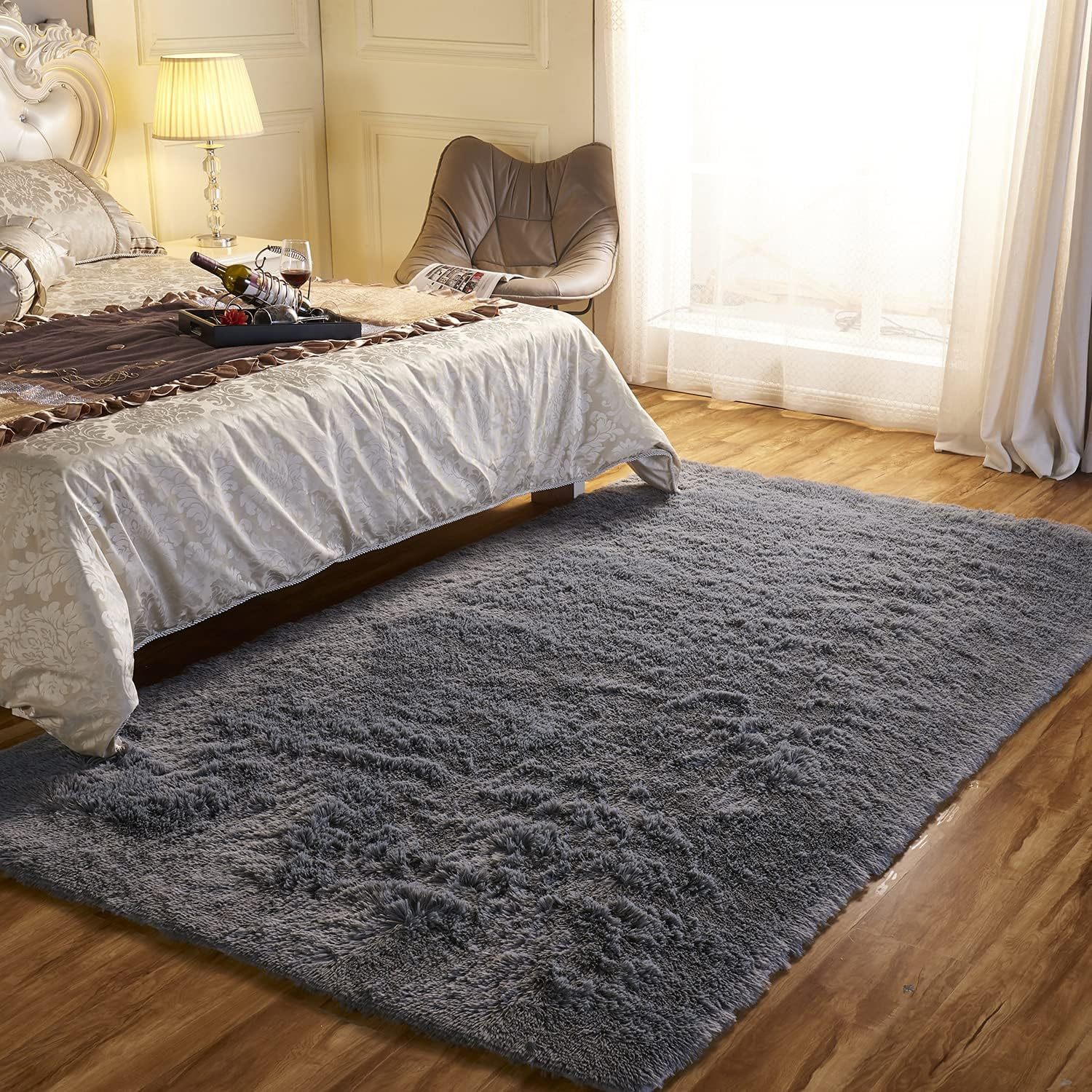 Area Rugs For Bedroom And Living Room, Dark Gray 5' X 7' Fluffy Carpet
