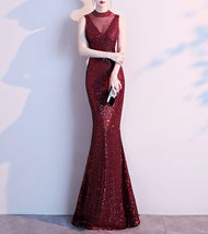 Women Burgundy Sequin Maxi Dress High Waist Deep-V Sequin Dress Wedding Gown